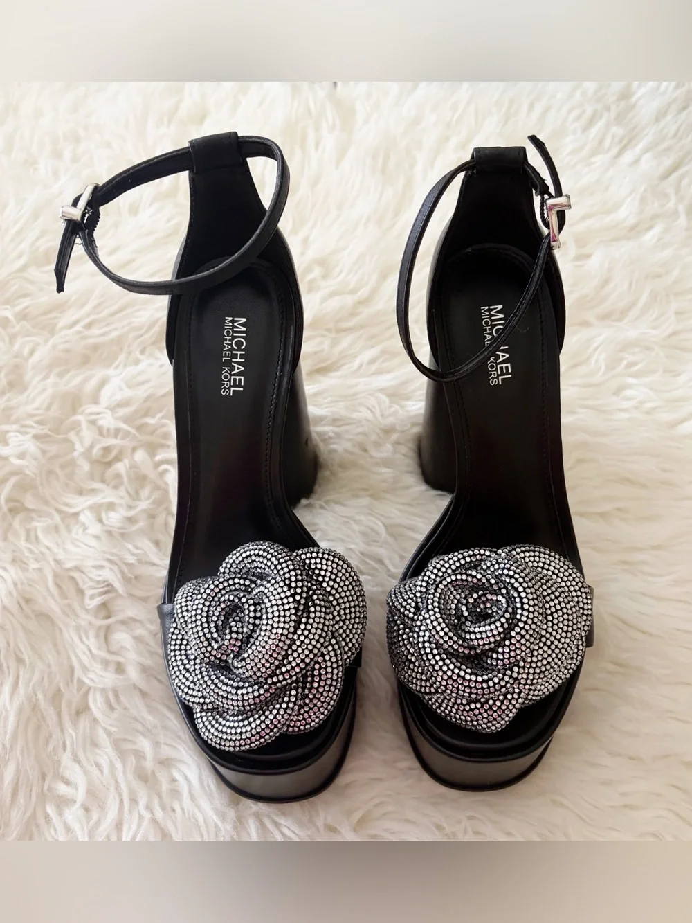 Michael Kors | Elodie Rosette Platform Sandals Heels Leather Black Silver 5.5